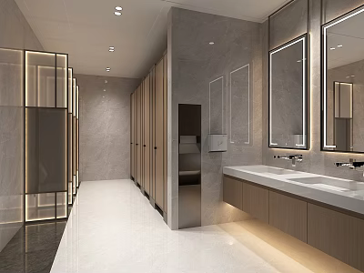 Modern Public Restroom Interior Design With Stalls Washbasins Mirrors And Lighting 3d model