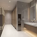 Modern Public Restroom Interior Design With Stalls Washbasins Mirrors And Lighting