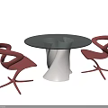 Modern Dining Table Set with Round Glass Top Unique White Base and Red Curved Chairs