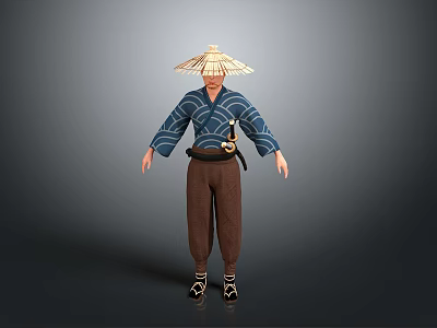 Traditional Asian Character Wearing Conical Hat Blue Top Brown Pants With Sword At Waist 3d model