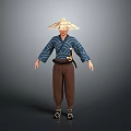 Traditional Asian Character Wearing Conical Hat Blue Top Brown Pants With Sword At Waist