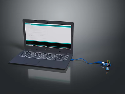 Modern Laptop With Screen Display Connected To External Device Via Blue Cable 3d model