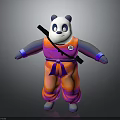 3D Panda Character In Orange Purple Outfit With Purple Sash And Black Staff On Back