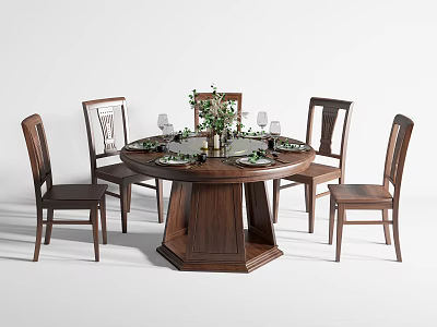Walnut Round Dining Table Set With Six Chairs And Decorative Green Plants 3d model