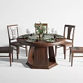 Walnut Round Dining Table Set With Six Chairs And Decorative Green Plants 3d model