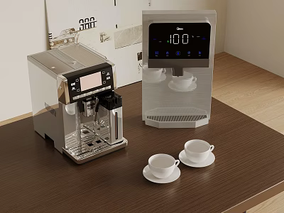 Modern Coffee Machine And Water Dispenser With White Coffee Cups On Wooden Table 3d model