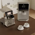 Modern Coffee Machine And Water Dispenser With White Coffee Cups On Wooden Table