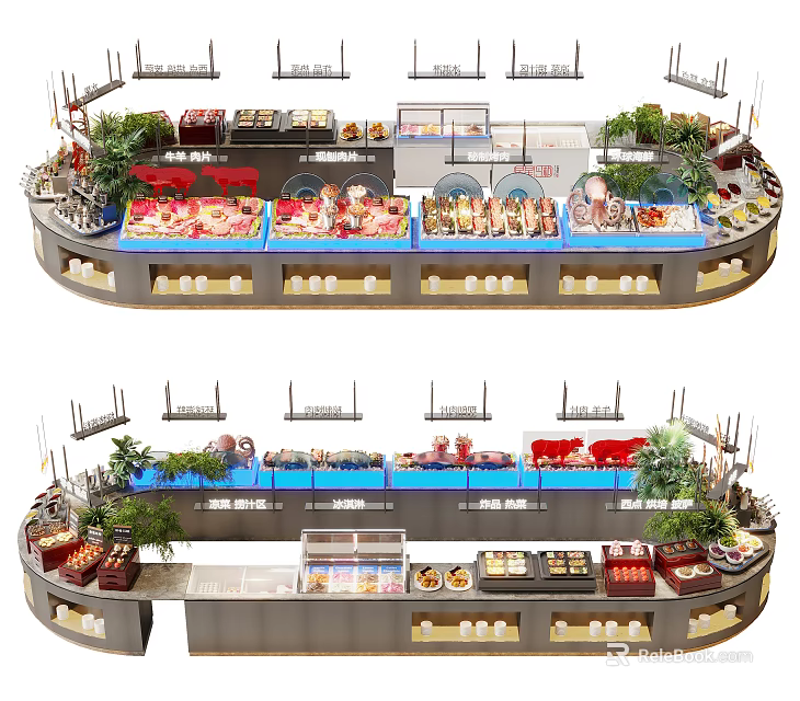 Round Buffet Dining Table Food Display With Fresh Seafood Meat Vegetables And Green Plants 3d model 