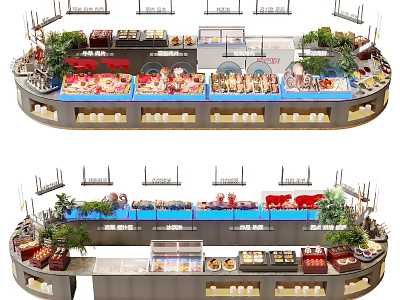 Round Buffet Dining Table Food Display With Fresh Seafood Meat Vegetables And Green Plants 3d model