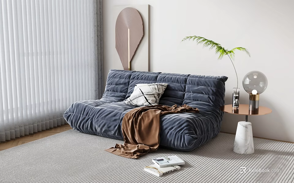 Cozy Blue Velvet Lazy Sofa With White Pillow Brown Blanket And Modern Decor 3d model 