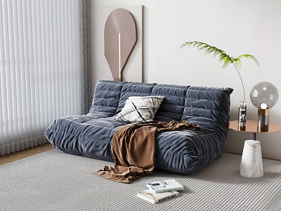 Cozy Blue Velvet Lazy Sofa With White Pillow Brown Blanket And Modern Decor 3d model