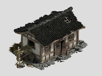 Traditional Chinese Cottage Featuring Black Tiled Roof Wooden Door Windows And Stones 3d model