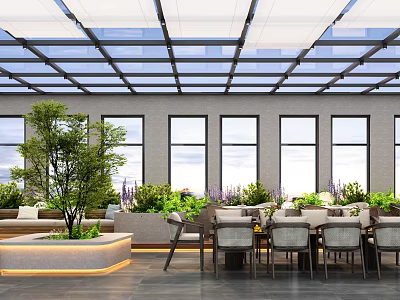 Indoor Garden With Glass Roof Large Windows Green Plants Sofa And Dining Set 3d model