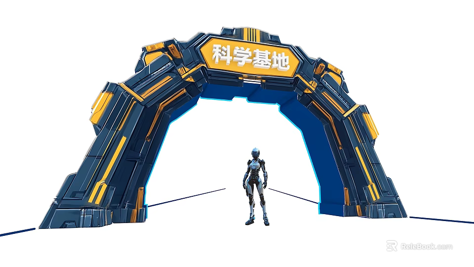 Futuristic Science Base Event Gateway With Blue Yellow Structure And Figure Standing Below 3d model 