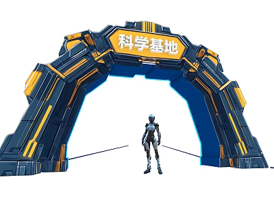Futuristic Science Base Event Gateway With Blue Yellow Structure And Figure Standing Below 3d model