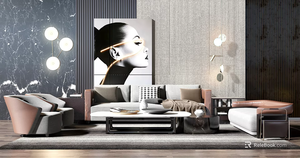 Modern Interior Sofa and Coffee Table Set With Decorative Pillows Artwork and Ambient Lighting 3d model