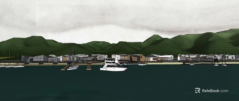 Scenic Coastal Waterfront With Green Mountains And Moored Boats Near Buildings 3d model 