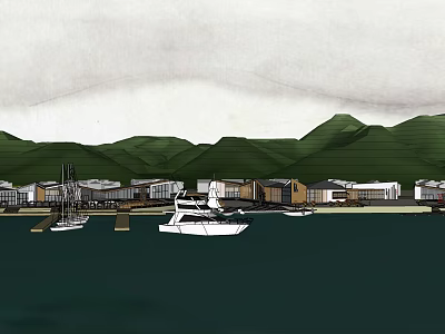 Scenic Coastal Waterfront With Green Mountains And Moored Boats Near Buildings 3d model
