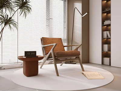 Brown Accent Chair With Wooden Frame Side Table Floor Lamp Potted Plant And Window Blinds 3d model