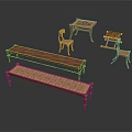 Wooden Furniture Set Featuring Benches Tables And Chairs With Woven Seat Details