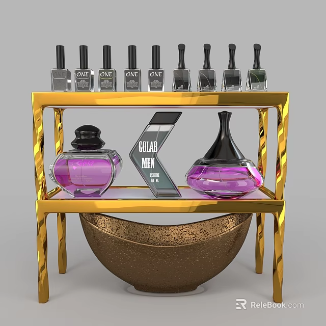 Luxury Perfume Cosmetics Display On Golden Shelf With Purple Bottles Nail Polishes And Golden Bowl 3d model 