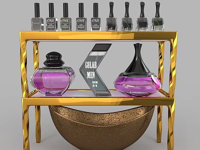 Luxury Perfume Cosmetics Display On Golden Shelf With Purple Bottles Nail Polishes And Golden Bowl 3d model