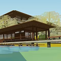 Traditional Wooden Waterfront Building with Multi Level Structure and Trees Around 3d model