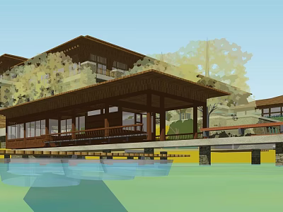 Traditional Wooden Waterfront Building with Multi Level Structure and Trees Around 3d model