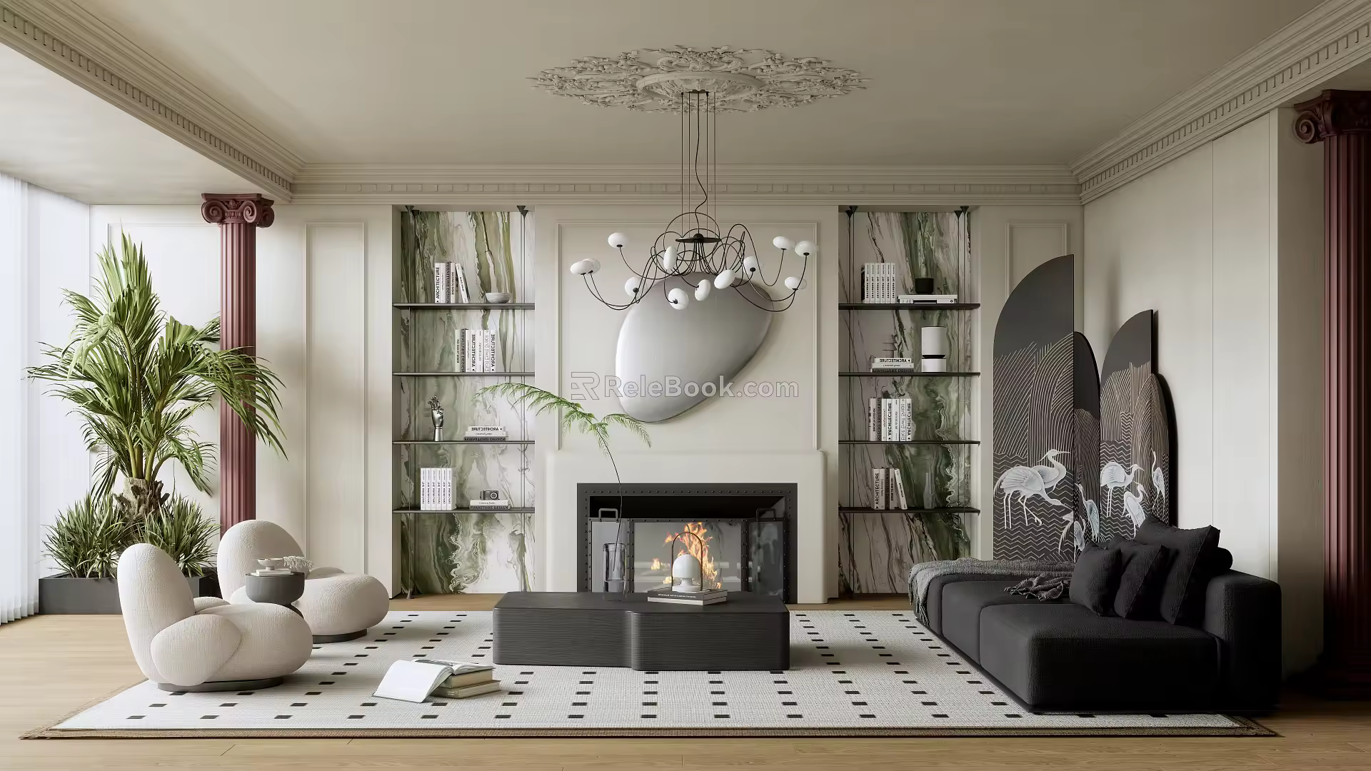 French Living Room Middle Ancient Home Living Room Coffee Table Sofa Combination Potted Chandelier 3d model
