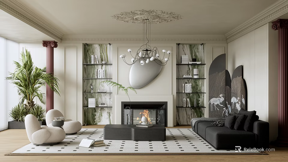 Elegant Modern Living Room Interior With Chandelier Mirror Fireplace Bookshelves Plants And Black Sofa 3d model 