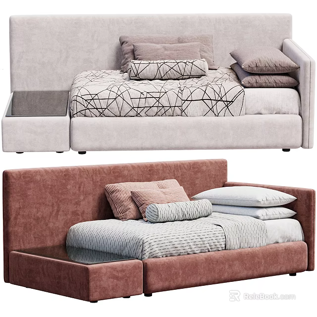 Light Gray and Brown Kids Beds with Geometric and Striped Bedding Pillows and Side Table 3d model 