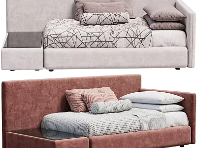 Light Gray and Brown Kids Beds with Geometric and Striped Bedding Pillows and Side Table 3d model