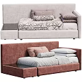 Light Gray and Brown Kids Beds with Geometric and Striped Bedding Pillows and Side Table