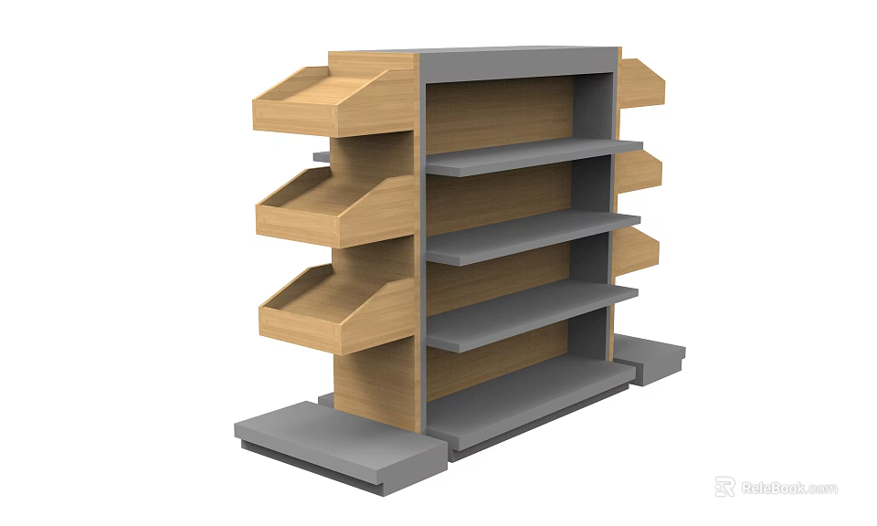 Retail Display Shelf with Multiple Wooden Inclined Compartments and Gray Shelves for Store Merchandise Organization 3d model 