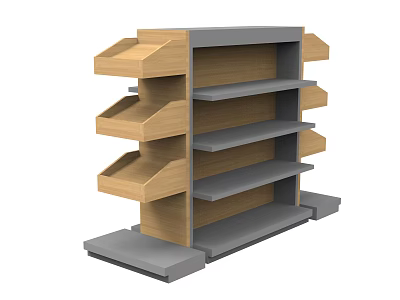 Retail Display Shelf with Multiple Wooden Inclined Compartments and Gray Shelves for Store Merchandise Organization 3d model