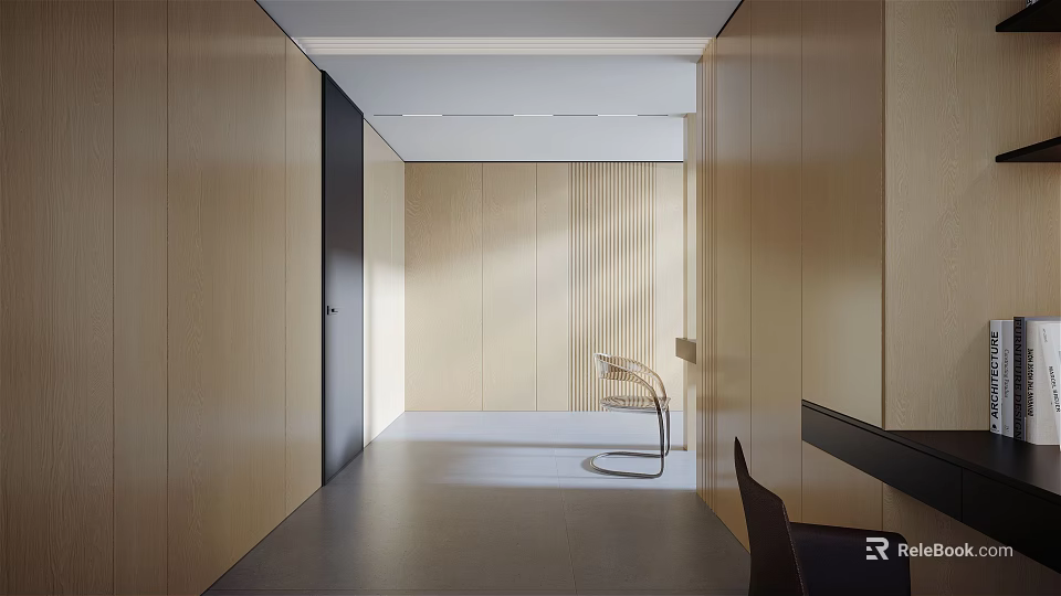 Minimalist Elevator Hallway Design With Wooden Walls Natural Light And Gray Flooring 3d model 