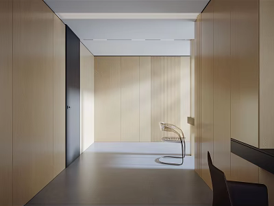 Minimalist Elevator Hallway Design With Wooden Walls Natural Light And Gray Flooring 3d model