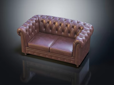 Elegant Classic Leather Tufted Two Seater Sofa with Rolled Arms 3d model