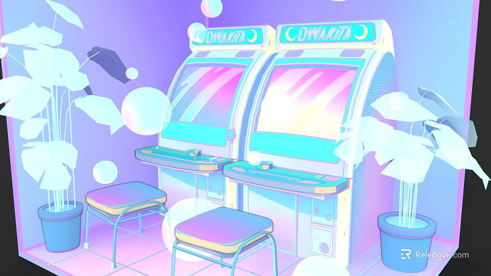 Vibrant Lounaria Arcade Machines With Stools And Leafy Plants Neon Colored Retro Gaming Scene 3d model 