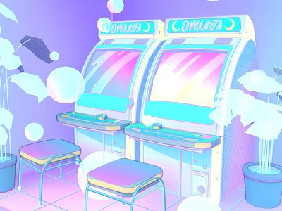 Vibrant Lounaria Arcade Machines With Stools And Leafy Plants Neon Colored Retro Gaming Scene 3d model