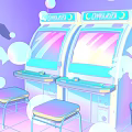 Vibrant Lounaria Arcade Machines With Stools And Leafy Plants Neon Colored Retro Gaming Scene