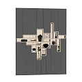 Decorative Ornament Combinations on Wooden Geometric Shelves with Green Plants Photo Frames Clock and Vases