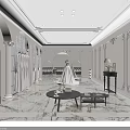 Elegant Bridal Shop Showcasing Luxury Wedding Dress on Round Platform with Marble Floor and Mirrors