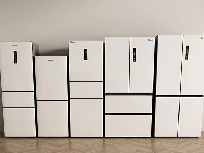 White Refrigerators And Freezers With Various Sizes And Different Styles On 3d model