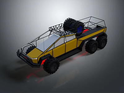 Yellow Six Wheeled All Terrain Vehicle With Open Frame Roof Rack And Spare Tire 3d model