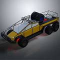 Yellow Six Wheeled All Terrain Vehicle With Open Frame Roof Rack And Spare Tire