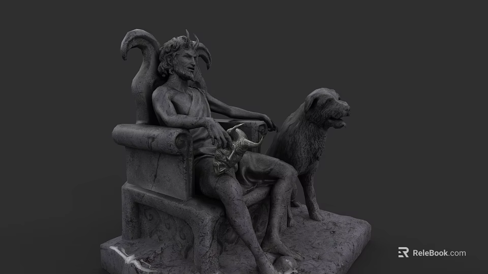 Classical Game Movie Character Stone Statue Sitting on Chair With Dog 3d model 
