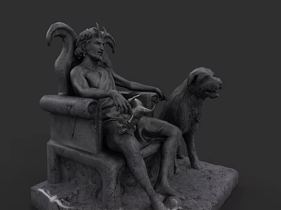 Classical Game Movie Character Stone Statue Sitting on Chair With Dog 3d model