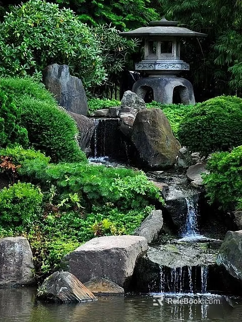 Serene Garden Ornament With Waterfall Rocks Lush Green Plants And Stone Lantern 3d model 