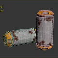 Rusted Metal Cylindrical Devices With Orange Top And Base Red Glowing Sections Standing And Lying